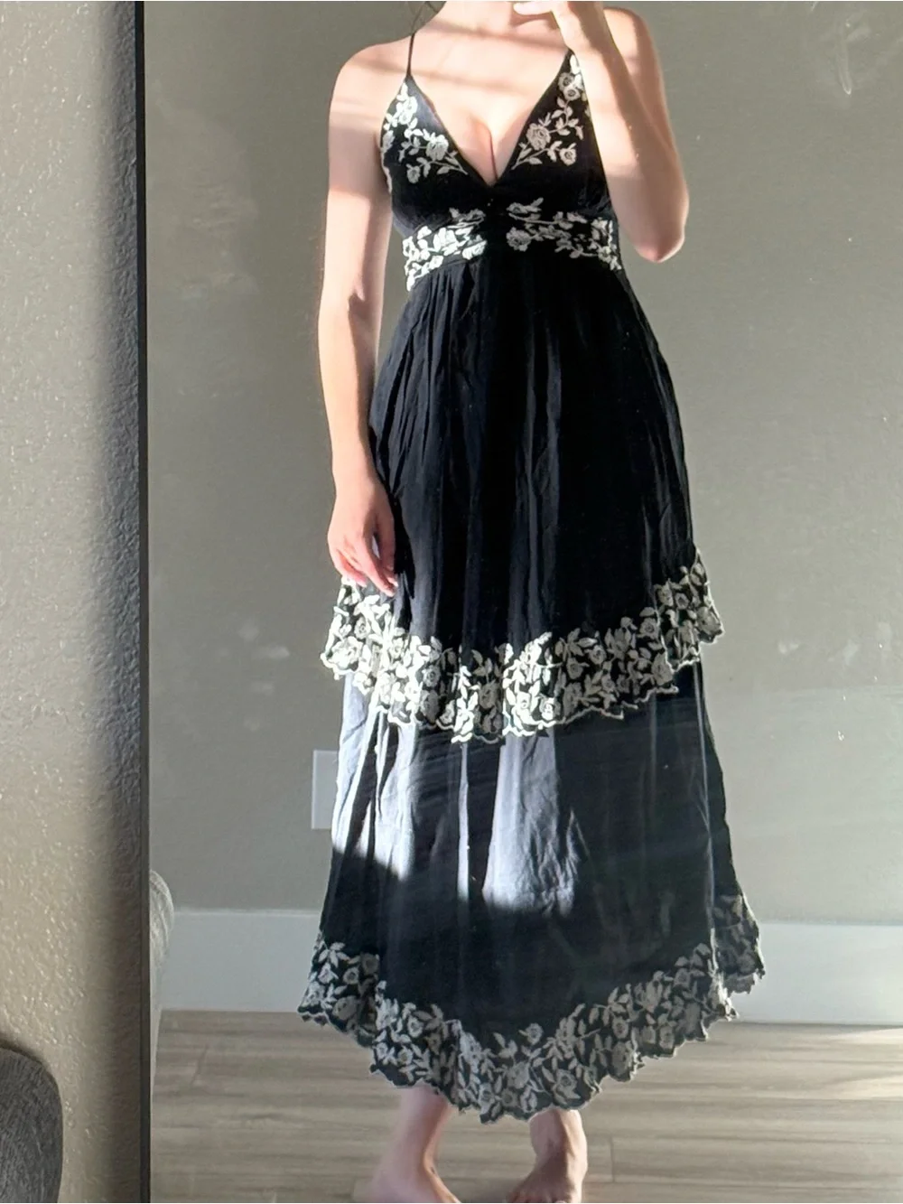 Abercrombie and Fitch Black Embroidered V-Neck Maxi Dress with Spaghetti Straps